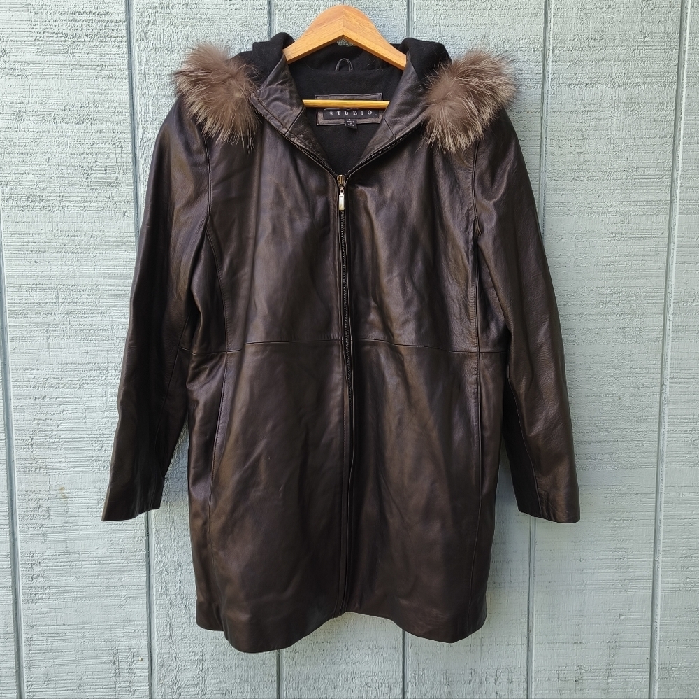 y2k Siena Studio Genuine Leather Jacket Fox Fur Trim sz L Black Minimalist Quiet